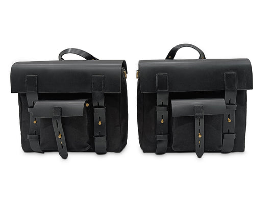For Royal Enfield Hunter 350 Leather & Canvas Pannier Bags Pair Black D5