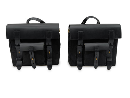 For Royal Enfield Hunter 350 Leather & Canvas Pannier Bags Pair Black D5