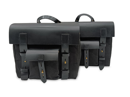 For Royal Enfield Hunter 350 Leather & Canvas Pannier Bags Pair Black D5
