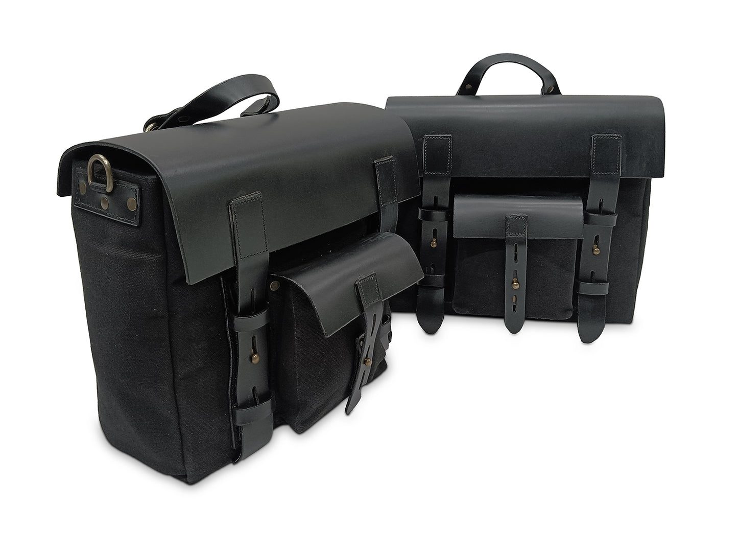 For Royal Enfield Hunter 350 Leather & Canvas Pannier Bags Pair Black D5