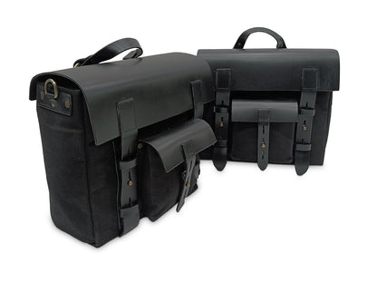For Royal Enfield Hunter 350 Leather & Canvas Pannier Bags Pair Black D5