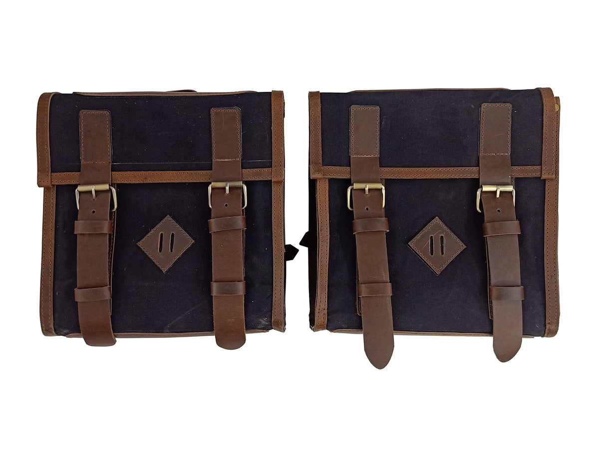 For Royal Enfield Hunter 350 Leather & Canvas Pannier Bags Pair D13