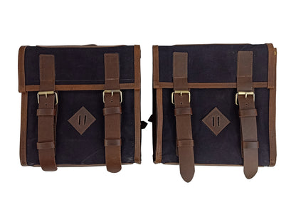 For Royal Enfield Hunter 350 Leather & Canvas Pannier Bags Pair D13