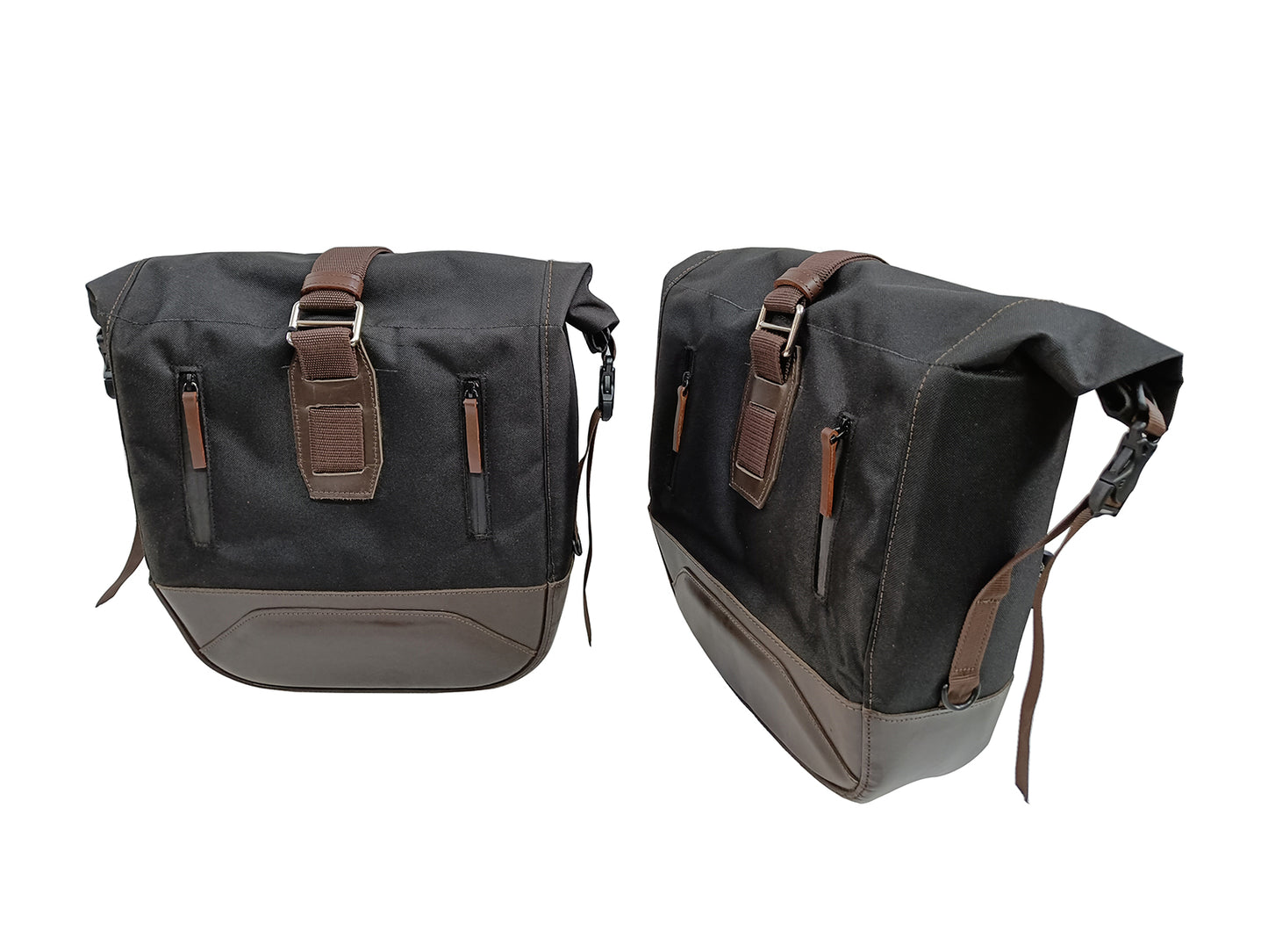 For Royal Enfield Hunter 350 Leather & Canvas Pannier Bags Pair Black & Brown D15