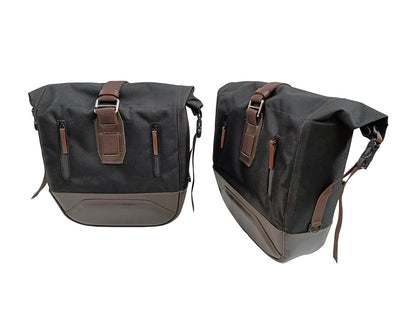 For Royal Enfield Hunter 350 Leather & Canvas Pannier Bags Pair Black & Brown D15