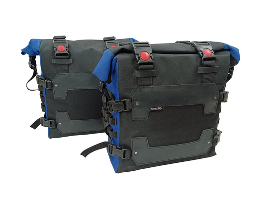 For Royal Enfield Hunter 350 Canvas Pannier Bags Pair Black & Blue D18