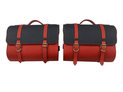 For Royal Enfield Hunter 350 Leather Pannier Bags Pair Red & Black D22