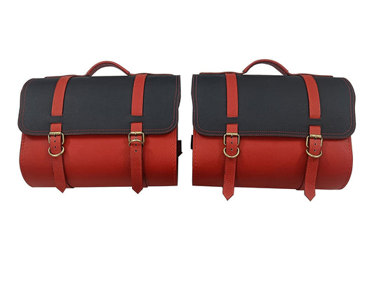 For Royal Enfield Hunter 350 Leather Pannier Bags Pair Red & Black D22