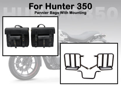 For Royal Enfield Hunter 350 Leather & Canvas Pannier Bags & Mounting D7