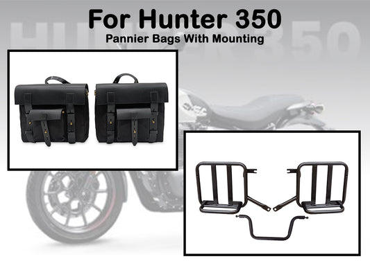 For Royal Enfield Hunter 350 Leather & Canvas Pannier Bags & Mounting D7