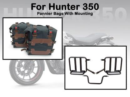 For Royal Enfield Hunter 350 Canvas Pannier Bags & Mounting Black & Brown D24