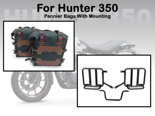 For Royal Enfield Hunter 350 Canvas Pannier Bags & Mounting Black & Brown D24