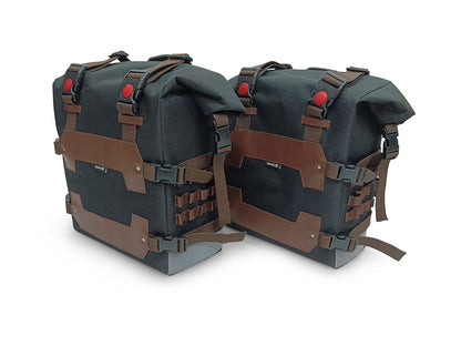 For Royal Enfield Hunter 350 Canvas Pannier Bags & Mounting Black & Brown D24