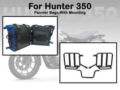 For Royal Enfield Hunter 350 Canvas Pannier Bags & Mounting Black & Blue D25
