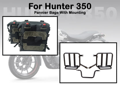 For Royal Enfield Hunter 350 Canvas Pannier Bags & Mounting Charcol Black D26