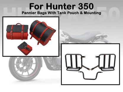 For Royal Enfield Hunter 350 Leather Pannier Bags With Tank Pouch & Mounting D3