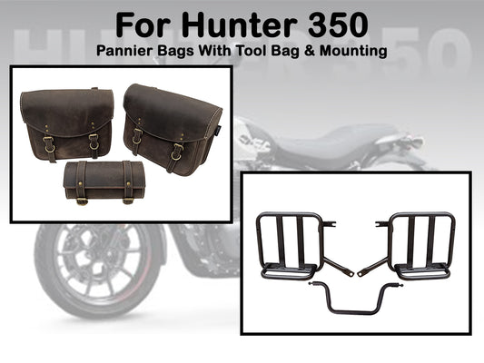 For Royal Enfield Hunter 350 Leather Pannier Bags With Tool Bag & Mounting D4