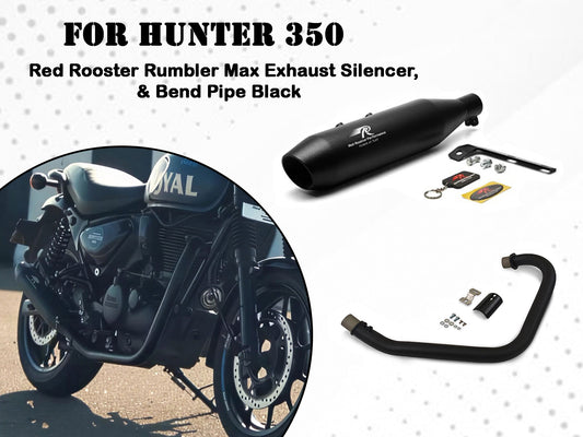 For Royal Enfield Hunter 350 Red Rooster Exhaust Silencer With Header Pipe Black