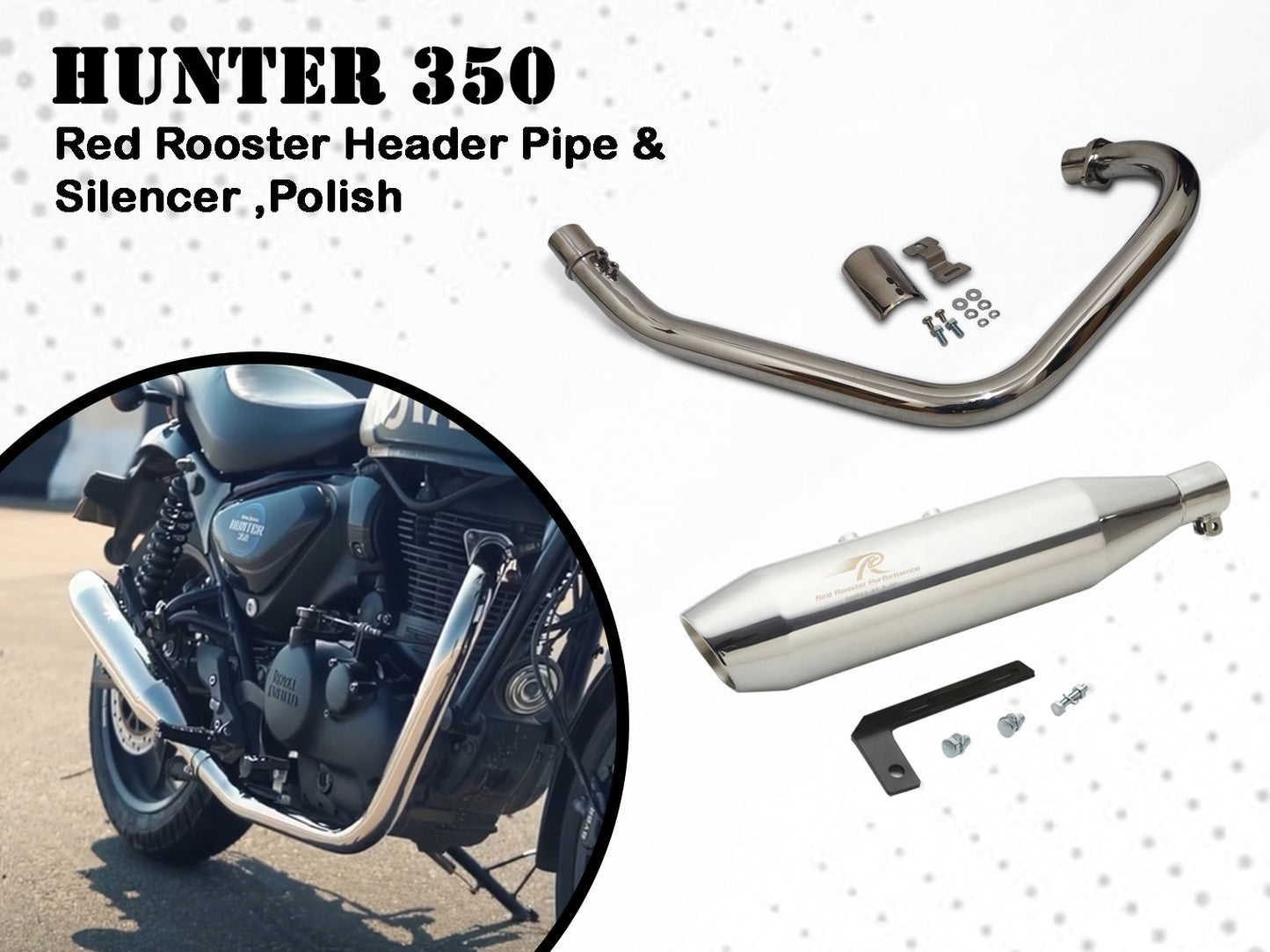 For Royal Enfield Hunter 350 Red Rooster Exhaust Silencer With Header Pipe Polish