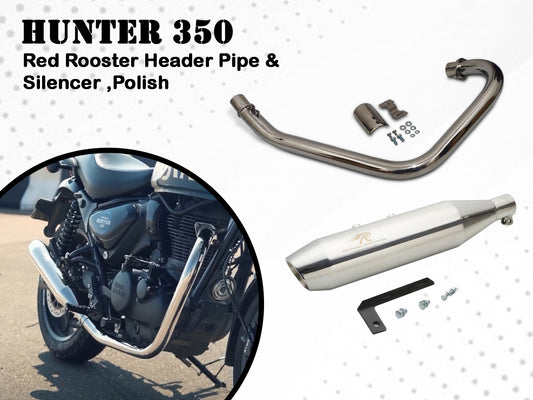 For Royal Enfield Hunter 350 Red Rooster Exhaust Silencer With Header Pipe Polish