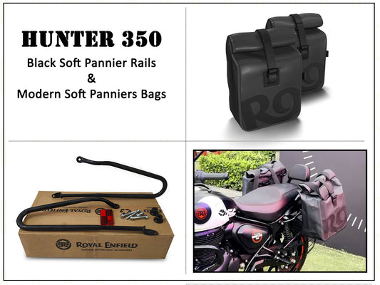 Genuine Royal Enfield Hunter 350 Soft Pannier Rails & Modern Soft Panniers Black