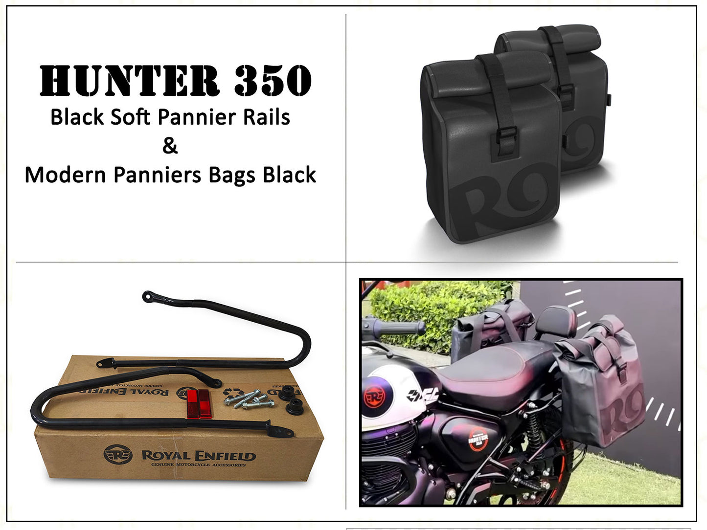 Genuine Royal Enfield Hunter 350 Soft Pannier Rails & Modern Panniers Bags Black