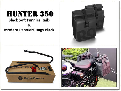 Genuine Royal Enfield Hunter 350 Soft Pannier Rails & Modern Panniers Bags Black