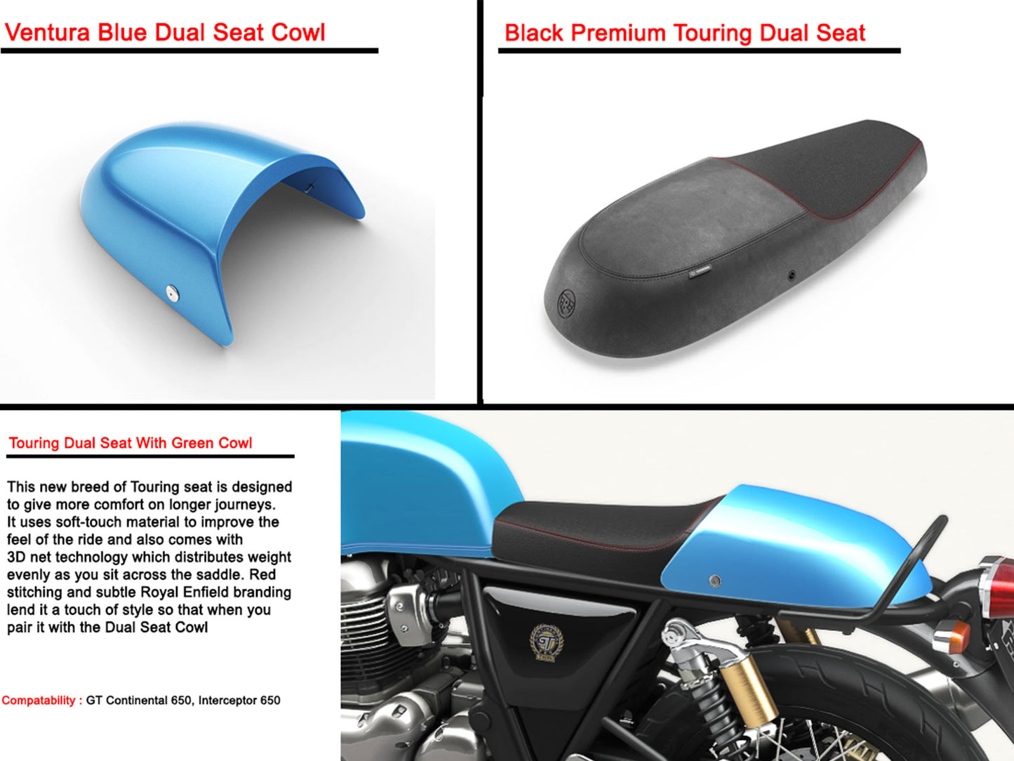 Genuine Royal Enfield GT & Interceptor 650 Touring Dual Seat With Blue Cowl
