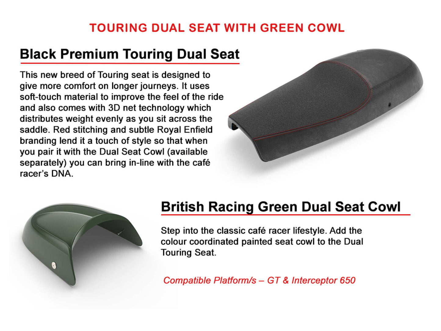 Genuine Royal Enfield GT & Interceptor 650 Touring Dual Seat With Green Cowl