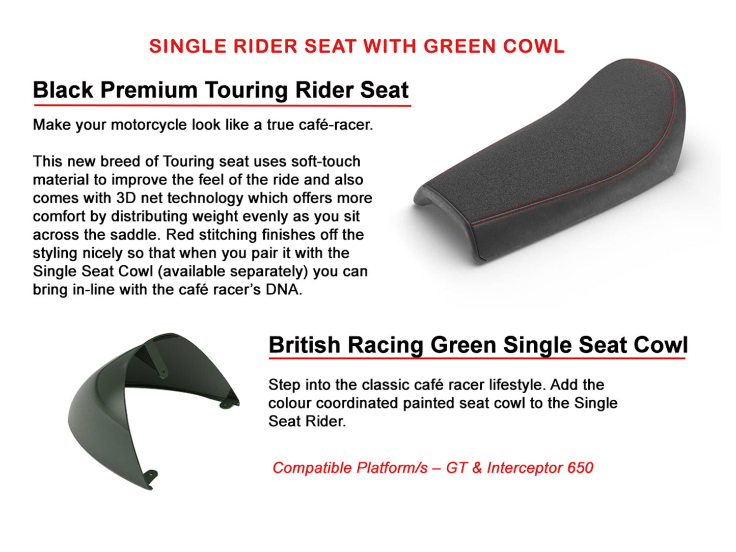 Genuine Royal Enfield GT & Interceptor 650 Black Touring Rider Seat & Green Cowl