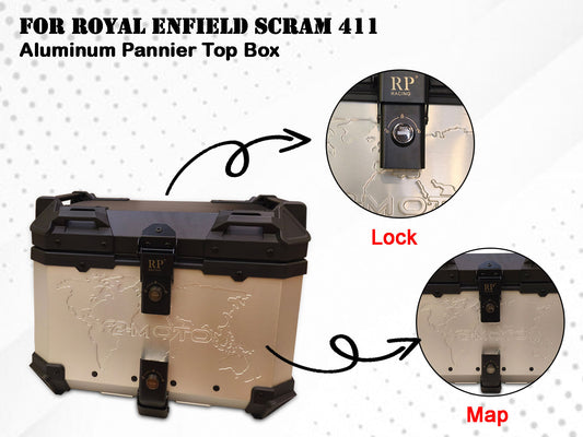 For Royal Enfield Scram 411 Aluminum Pannier Top Box Black & Silver D1