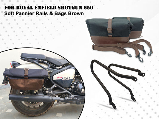 For Royal Enfield Shotgun 650 Pannier Rails & Soft Pannier Bags Black & Brown D2