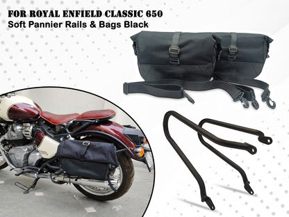 For Royal Enfield Classic 650 Pannier Rails & Soft Pannier Bags Black D1