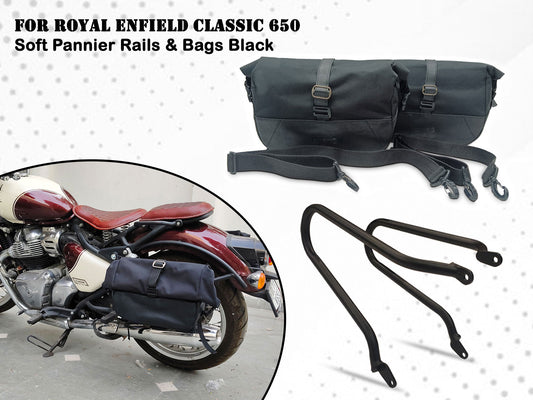 For Royal Enfield Classic 650 Pannier Rails & Soft Pannier Bags Black D1