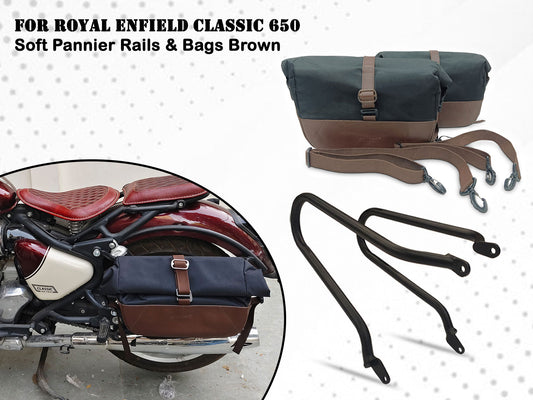 For Royal Enfield Classic 650 Pannier Rails & Soft Pannier Bags Black & Brown D2