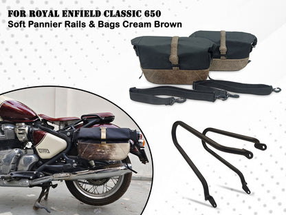 For Royal Enfield Classic 650 Pannier Rails & Soft Pannier Bags Cream Brown D3