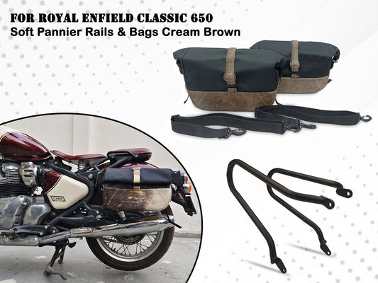 For Royal Enfield Classic 650 Pannier Rails & Soft Pannier Bags Cream Brown D3
