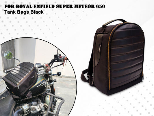 For Royal Enfield Super Meteor 650 Leather & Canvas Tank Bag Black Color