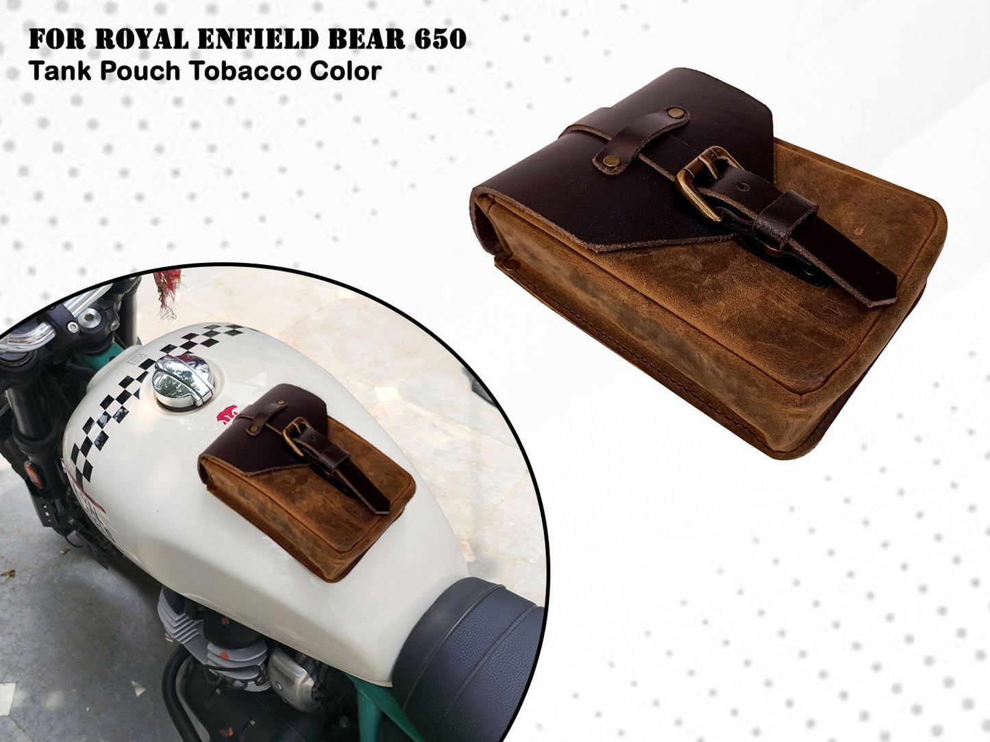For Royal Enfield Bear 650 Leather Magnetic Tank Pouch Tobacco & Black