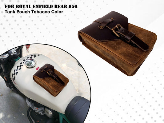For Royal Enfield Bear 650 Leather Magnetic Tank Pouch Tobacco & Black