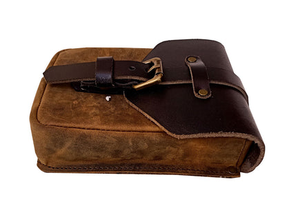 For Royal Enfield Bear 650 Leather Magnetic Tank Pouch Tobacco & Black