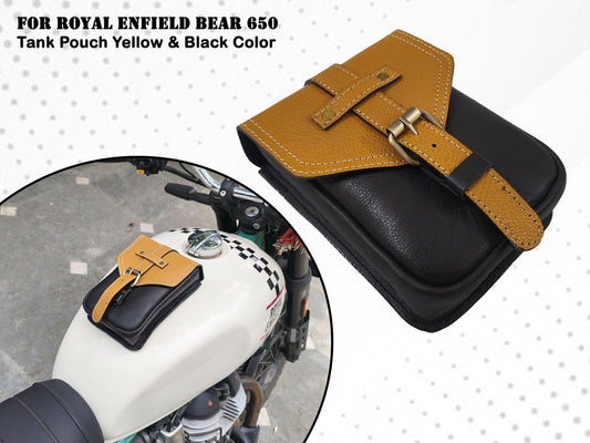 For Royal Enfield Bear 650 Leather Magnetic Tank Pouch Yellow & Black