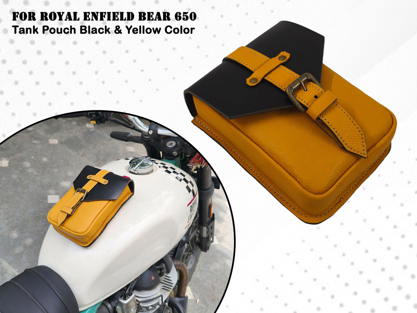 For Royal Enfield Bear 650 Leather Magnetic Tank Pouch Black & Yellow