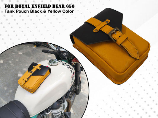For Royal Enfield Bear 650 Leather Magnetic Tank Pouch Black & Yellow