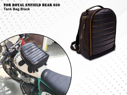 For Royal Enfield Bear 650 Leather & Canvas Tank Bag Black Color