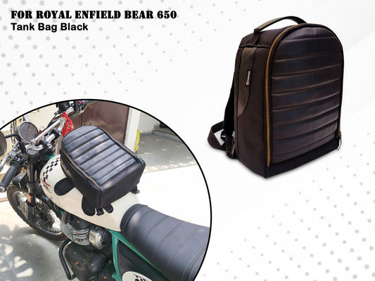 For Royal Enfield Bear 650 Leather & Canvas Tank Bag Black Color