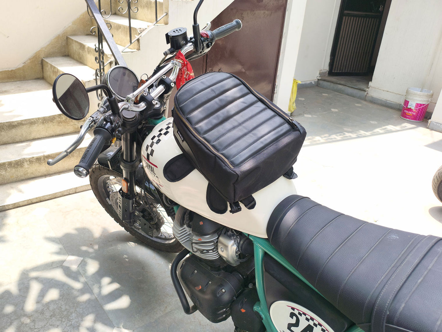 For Royal Enfield Bear 650 Leather & Canvas Tank Bag Black Color