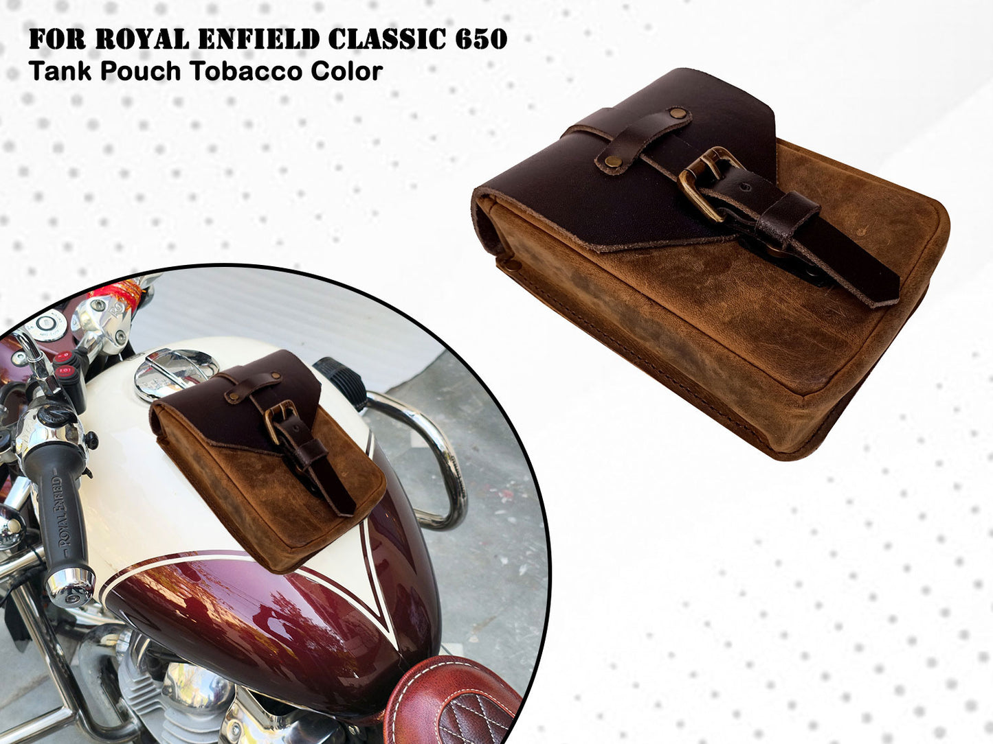 For Royal Enfield Classic 650 Leather Magnetic Tank Pouch Tobacco & Black