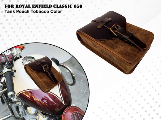 For Royal Enfield Classic 650 Leather Magnetic Tank Pouch Tobacco & Black