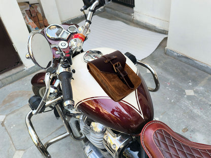 For Royal Enfield Classic 650 Leather Magnetic Tank Pouch Tobacco & Black